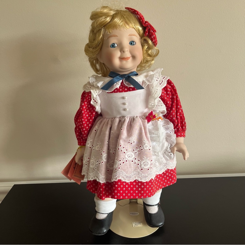 Kingstate Dolly Bisque Porcelain Doll Hand Painted Red Floral Dress 16in Vintage